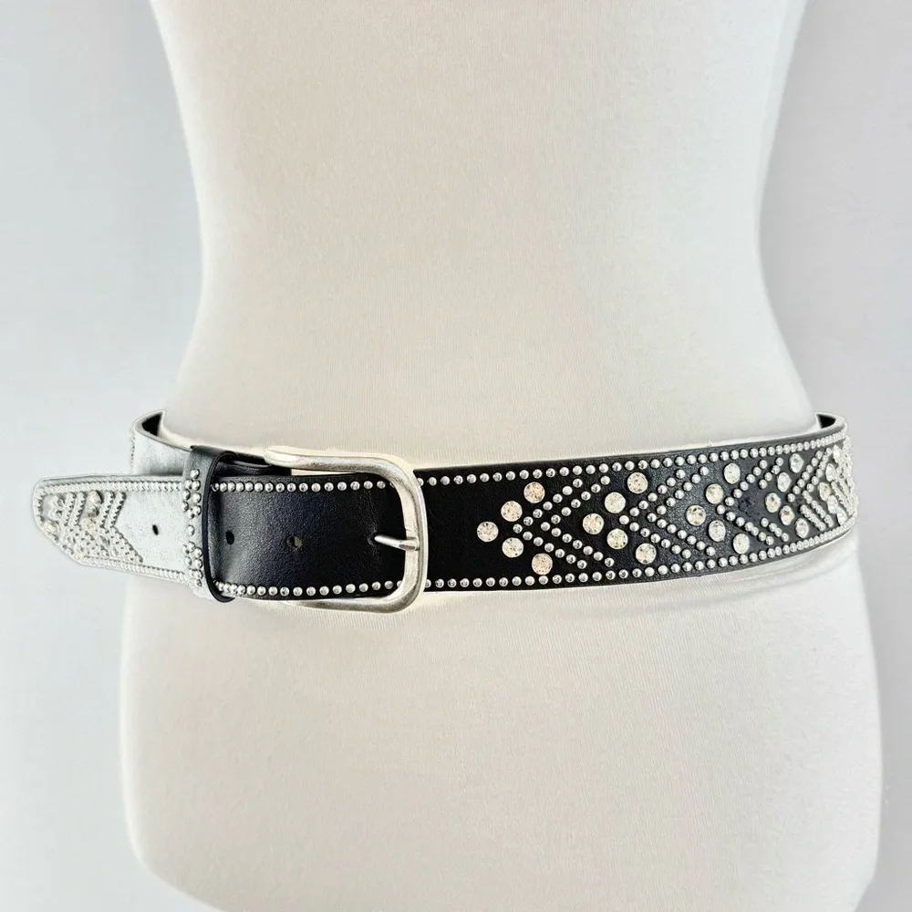 Shyanne Genuine Leather Black Rhinestone and Silver-Tone Studded Belt NWOT
